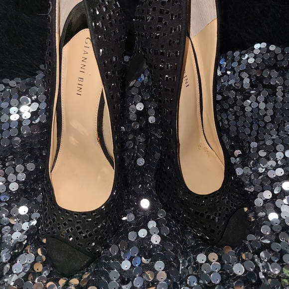 GIANNI BINI BLACK SPARKLE PEEP TOE HIGH HEEL SHOE - Picture 2 of 3